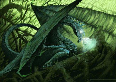 Criatura fantástica: un dragón protegiendo su huevo. Ilustración de Alesandro Lonati. 2010 de Alessandro Lonati