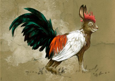 Monstruos y criaturas fantásticas, criptozoología: representación de un Skvader, criatura imaginaria de Suecia, a medio camino entre una liebre y un Gran gallo de brezo, fue creado en 1918 por el taxidermista Rudolf Granberg - Dibujo de Alessandro Lonati,  de Alessandro Lonati