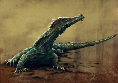 Monstruos y criaturas fantásticas, criptozoología: representación de un buru, gran lezardo que se habría visto en el noreste de la India - Dibujo de Alessandro Lonati, 2012. de Alessandro Lonati