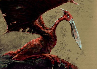 Monstruos y criaturas fantásticas, criptozoología: representación de un kongamato, una criatura volátil parecida a un pterosaurio que se dice haber visto en los pantanos de Jiundu, en el distrito de Mwinilunga, al oeste de Zambia - Dibujo de Alessandro Lon de Alessandro Lonati