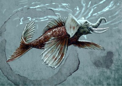 Monstruos y criaturas fantásticas, criptozoología: representación de un makara, animal acuático del bestiario mitológico de la India, tiene una trompa que lo acerca al elefante marino, el diente del cocodrilo y una cola de pez - Dibujo de Alessandro Lon de Alessandro Lonati