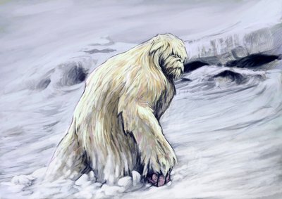 Monstruos y criaturas fantásticas, criptozoología: representación de un yeti o "abominable hombre de las nieves" criatura antropomorfa del folclore de la región del Himalaya (El yeti o abominable hombre de las nieves es un críptido de aspecto simiesco del  de Alessandro Lonati