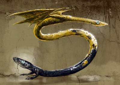 Monstruos y criaturas fantásticas, criptozoología: representación de una Amphisbene, serpiente mitológica con dos cabezas - (Amphisbaenamythological, ant-eating serpent with a head at each end) Dibujo de Alessandro Lonati, 2012. de Alessandro Lonati