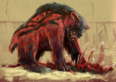 Monstruos y criaturas fantásticas, criptozoología: el oso Nandi, que habita las sabanas de Tanzania y Kenia (kerit, chimit, kikambungure, duba y sabroukoo) - (Oso Nandi, también conocido como Ngoloko) Dibujo de Alessandro Lonati, 2012. de Alessandro Lonati