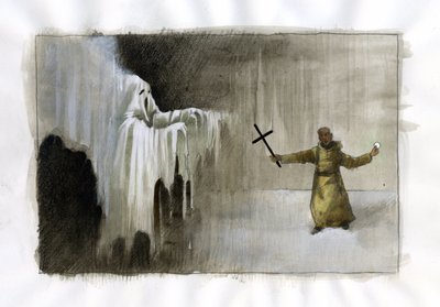 Pelea entre un monje que sostiene un crucifijo y un fantasma Ilustración de Alessandro Lonati de Alessandro Lonati