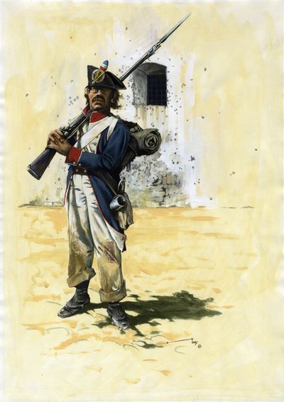 Primer Imperio (1804-1804 y 1815): soldado de infantería y artillero de la brigada de infantería francesa del gran ejército napoleónico en un fuerte. Dibujo de Alessandro Lonati. de Alessandro Lonati