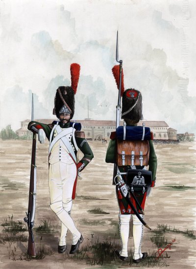 Primer Imperio (1804-1814 y 1815): Soldados granaderos de la Guardia Real del Gran Armee Napoleónico en la plaza del castillo Sforzesco de Milán, Italia. Dibujo de Alessandro Lonati de Alessandro Lonati