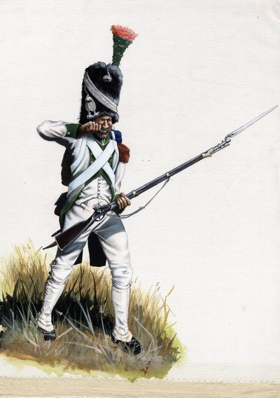 Primer Imperio (1804-1814 y 1815): Soldado velite del gran ejército napoleónico en Italia abriendo un cartucho. Dibujo de Alessandro Lonati de Alessandro Lonati
