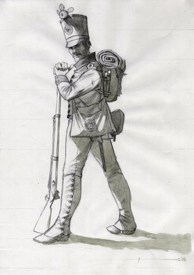 Primer Imperio (1804-1814 y 1815): traje de un soldado de infantería de la infantería de línea del ejército austrohúngaro (austrohúngaro). Dibujo de Alessandro Lonati de Alessandro Lonati