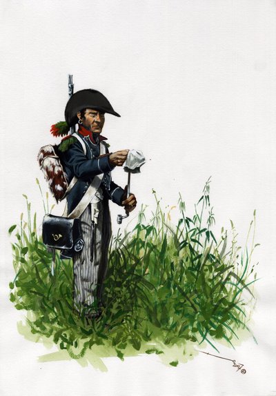 Primer Imperio (1804-1814 y 1815): soldado cazador de infantería del gran ejército napoleónico francés. Dibujo de Alessandro Lonati de Alessandro Lonati