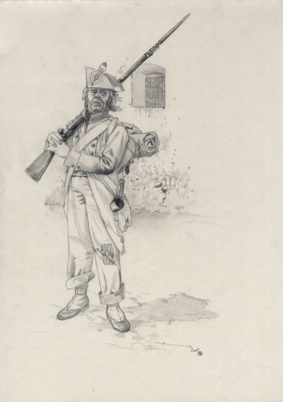 Primer Imperio (1804-1814 o 1815): soldado del ejército napoleónico, soldado de infantería de una brigada de jinetes en un fuerte. Dibujo de Alessandro Lonati de Alessandro Lonati