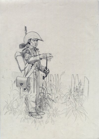 Primer Imperio (1804-1814 o 1815): soldado del ejército napoleónico, soldado de infantería cazador (infantryhunter). Dibujo de Alessandro Lonati de Alessandro Lonati