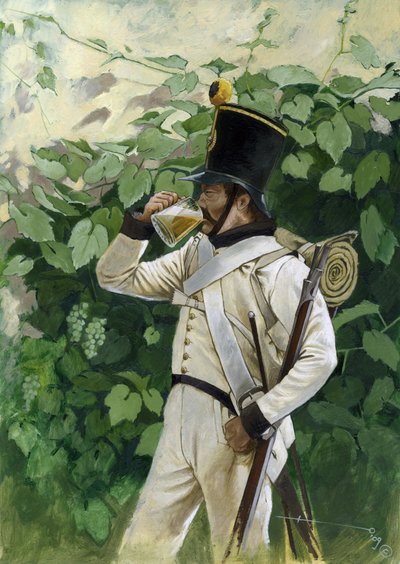 Primer Imperio: Oficial de infantería de línea austriaco bebiendo una jarra de cerveza. Dibujo de Alessandro Lonati de Alessandro Lonati