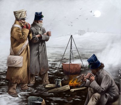 Primer Imperio: Soldados de infantería ligera calentándose alrededor de un fuego, o hirviendo la olla durante una campaña de Napoleón I (probablemente en Rusia) Principios del siglo XIX. Ilustración de Alesandro Lonati. 2010 de Alessandro Lonati