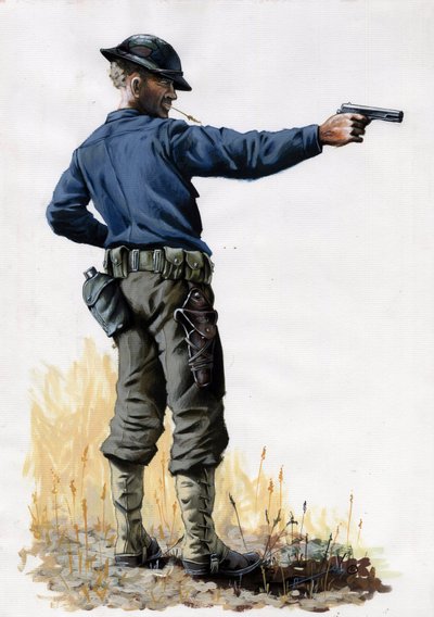 Primera Guerra Mundial 1914-1918: Soldado de infantería del ejército americano con una pistola en 1917 en el Frente Oeste. Dibujo de Alessandro Lonati de Alessandro Lonati