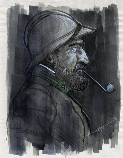 Primera Guerra Mundial 1914-1918: Retrato de perfil de un soldado del ejército italiano fumando en pipa en 1915. Dibujo de Alessandro Lonati de Alessandro Lonati