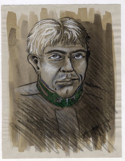 Primera Guerra Mundial 1914-1918: retrato de un joven soldado cazador alpino (hunter-alpine) del ejército italiano en 1915. Dibujo de Alessandro Lonati de Alessandro Lonati