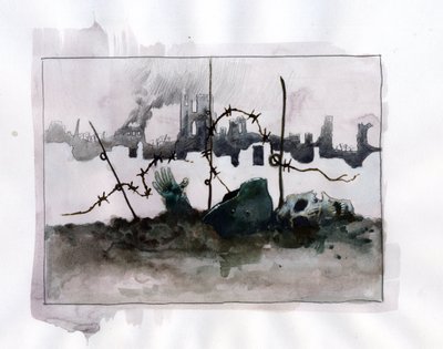 Primera Guerra Mundial: Alegoría bélica con casco de calavera en las barbas sobre fondo de ruinas Dibujo en color de Alessandro Lonati de Alessandro Lonati