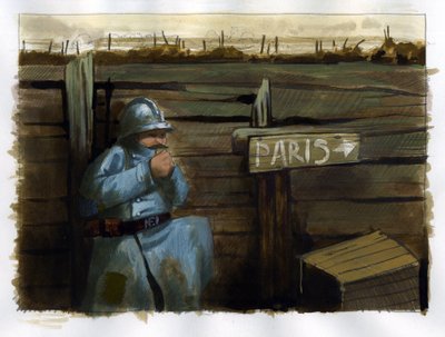 Primera Guerra Mundial: un peludo ejército francés cerca de una señal que indica París de Alessandro Lonati