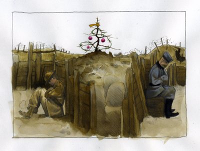 Primera Guerra Mundial: la soledad de dos soldados enemigos, británico (izquierda) y alemán en la trinchera, en Navidad de 1914-1918 Ilustración de Alessandro Lonati de Alessandro Lonati