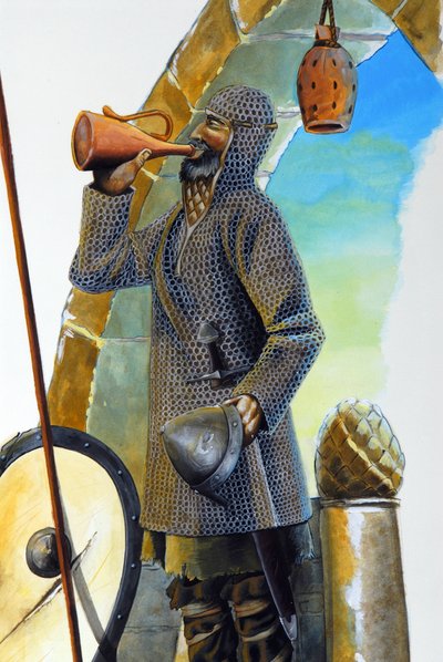 Primera cruzada: una grulla en reposo, equipada con su cota de malla, bebe de la jarra, su escudo y su lanza están colocados cerca de ella. Ilustración de Alessandro Lonati de Alessandro Lonati