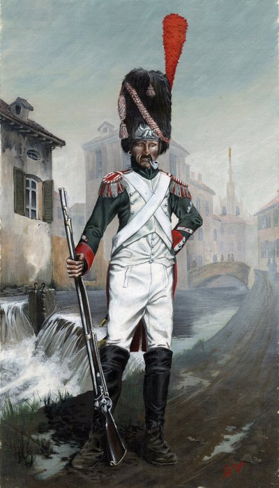 Primer imperio (1804-1814 y 1815): Soldados granaderos italianos cerca del canal de Milán con la catedral al fondo. Dibujo de Alessandro Lonati de Alessandro Lonati