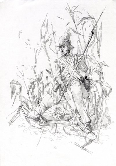 Primer imperio (1804-1814 y 1815): soldado del ejército napoleónico, soldado de infantería asalta un campo de maíz con un camarada herido. Dibujo de Alessandro Lonati de Alessandro Lonati