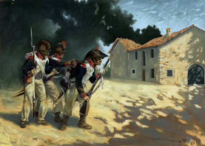 Primer imperio: Granaderos de la infantería francesa patrullando durante las campañas de Italia. Dibujo de Alessandro Lonati de Alessandro Lonati