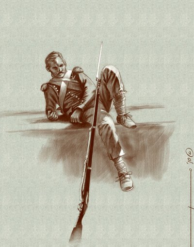 Primer imperio: soldado de infantería ligera en reposo durante una campaña de Napoleón I (probablemente en Rusia) Principios del siglo XIX. Ilustración de Alesandro Lonati. 2010 de Alessandro Lonati