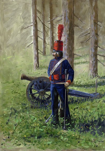 Primer imperio: miembro de la artillería revolucionaria cerca de su cañón. Dibujo de Alessandro Lonati de Alessandro Lonati