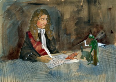 El escritor francés Jean de la Fontaine mirando a los personajes de sus fábulas Ilustración de Alessandro Lonati de Alessandro Lonati