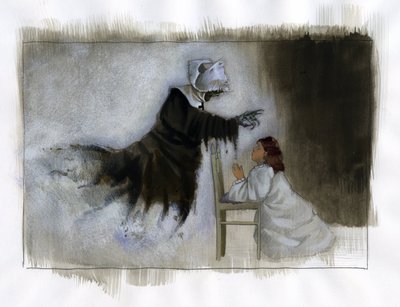 El fantasma de una monja anciana con las manos torcidas se aparece a una niña rezando Ilustración de Alessandro Lonati de Alessandro Lonati