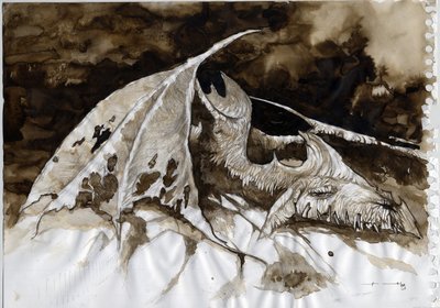 Ilustración de un animal fantástico y legendario: cadáver de dragón. Dibujo en color de Alessandro Lonati. de Alessandro Lonati