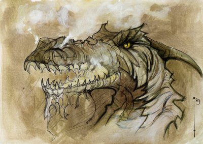 Ilustración de un animal fantástico y legendario: cabeza de dragón rechazando humo por el hocico. Dibujo en color de Alessandro Lonati. de Alessandro Lonati