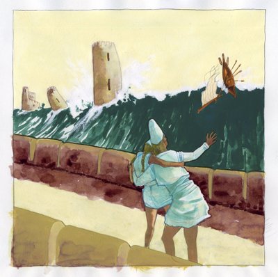 Ilustración del mito de la isla desaparecida bajo el mar de la Atlántida: vista del tsunami que inunda la ciudad griega de la legendaria isla. Dibujo en color de Alessandro Lonati. de Alessandro Lonati