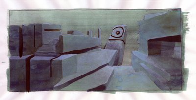 Ilustración del mito de la isla desaparecida bajo el mar de la Atlántida: las ruinas de la legendaria isla en las profundidades del mar. Dibujo en color de Alessandro Lonati. de Alessandro Lonati