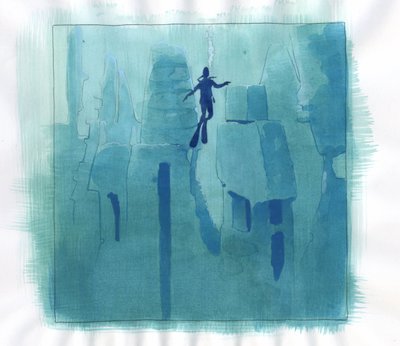 Ilustración del mito de la isla desaparecida bajo el mar de la Atlántida: las ruinas de la legendaria isla en las profundidades del mar. Dibujo en color de Alessandro Lonati. de Alessandro Lonati