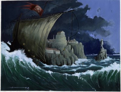 Ilustración del mito de la isla desaparecida bajo el mar de la Atlántida: vista de la ciudad griega de la legendaria isla antes de su desaparición. Dibujo en color de Alessandro Lonati. de Alessandro Lonati