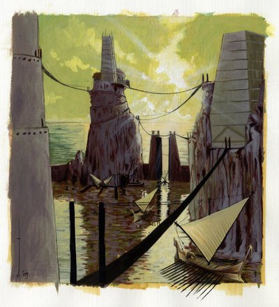 Ilustración del mito de la isla desaparecida bajo el mar de la Atlántida: vista de la ciudad griega de la legendaria isla antes de su desaparición. Dibujo en color de Alessandro Lonati. de Alessandro Lonati