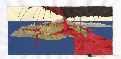 Ilustración del mito de la isla desaparecida bajo el mar de la Atlántida: vista de la erupción del volcán que provocará la desaparición de la legendaria isla. Dibujo en color de Alessandro Lonati. de Alessandro Lonati