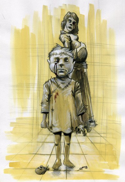 Ilustración ciencia ficción: zombies (espectro) o espíritus fantasmas, evocando la pesadilla, muestra a un niño con el cráneo cosido con una muñeca decapitada y al fondo una madre embarazada. Ella también parece haber tenido un accidente. Dibujo de Alessan de Alessandro Lonati
