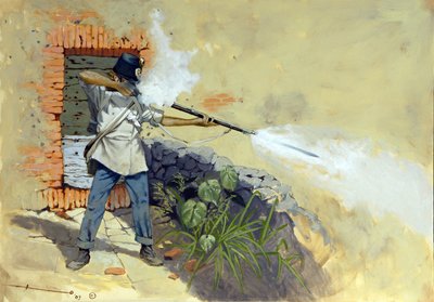 Campaña de Italia: un soldado de infantería austriaco abre fuego en la batalla de Solferino entre el Imperio Austrohúngaro de Francisco-José (Francois Joseph) I de Austria y la coalición franco-sarda de Napoleón III y Víctor Manuel II (Victor-Emmanu de Alessandro Lonati