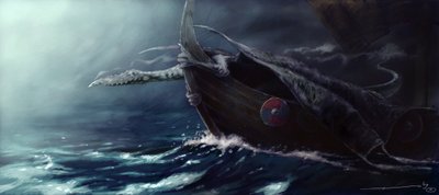 Criatura Legendaria: Dragón atacando a un drakkar (barco vikingo) Dibujo de Alessandro Lonati de Alessandro Lonati