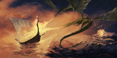 Criatura Legendaria: Dragón atacando a un drakkar (barco vikingo) Dibujo de Alessandro Lonati de Alessandro Lonati