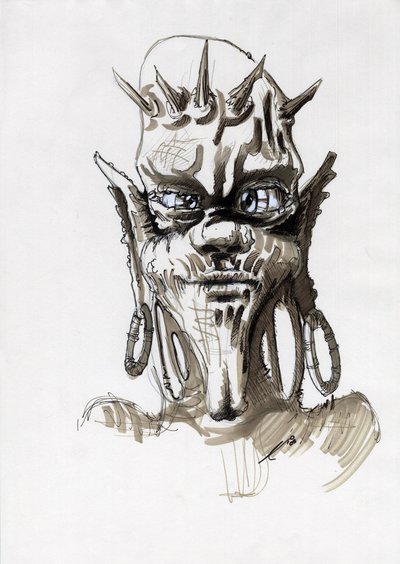 Monstruo legendario para ilustración de Fantasía: rostro de una criatura tribal o troll. Dibujo de Alessandro Lonati de Alessandro Lonati