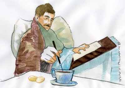 Marcel Proust como enfermo escribiendo con el té de su tía Elisabeth (tinta sobre papel) de Alessandro Lonati