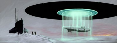 Encuentro en el Polo Norte entre un submarino U-boot y un platillo volante (OVNI, OVNI o extraterrestre) para la restitución de un submarino secuestrado por extraterrestres durante la guerra. Dibujo de Alessandro Lonati de Alessandro Lonati