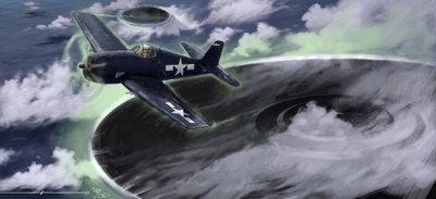 Fenómeno misterioso: representa la desaparición de un avión de la Marina estadounidense en el triángulo de las Bermudas en los años cuarenta. Una leyenda sugiere que sería obra de los ovnis (OVNIS o extraterrestres) aquí representados. Dibujo de Alessandro de Alessandro Lonati