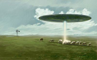 Fenómeno misterioso: un platillo volante (extraterrestre u ovni u ovni) que se lleva a una oveja (abducción). Dibujo de Alessandro Lonati de Alessandro Lonati