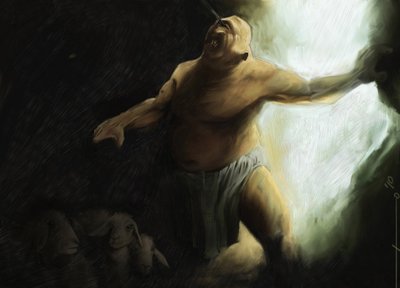 Odisea de Homere: el cíclope Polifemo es cegado por Ulises en su cueva. Ilustración de Alessandro Lonati. 2010 de Alessandro Lonati